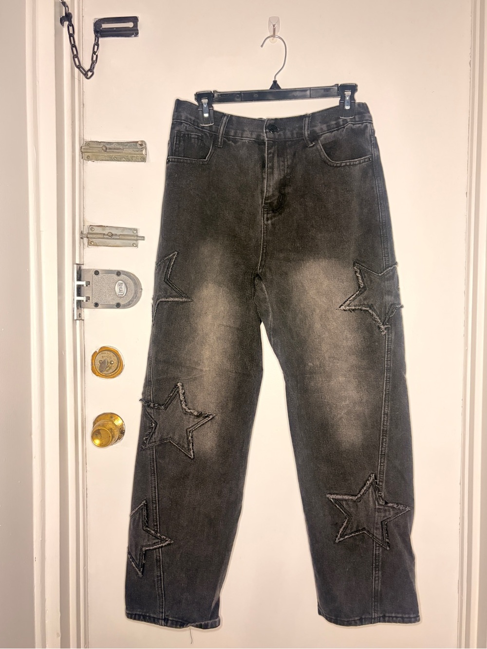 Distressed Star Patch Black Jeans, Y2K, baggy, grunge, streetwear, goth, punk
